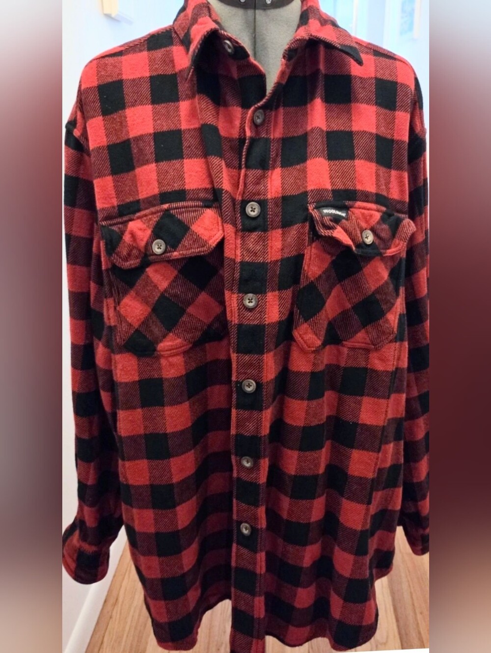 Woolrich Cotton Flannel Men XL Red Black Button Up Shirt Buffalo Plaid Shacket